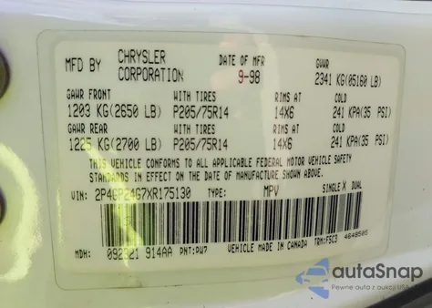 1999 Plymouth Grand Voyager из США, поврежденный, VIN 2P4GP24G7XR175130